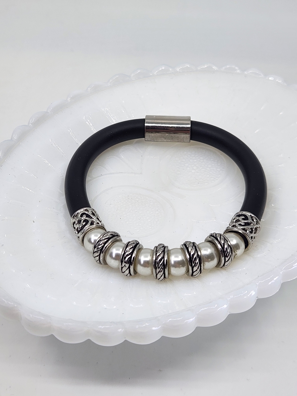 Simulated Pearl Beaded Black Rubber Bracelet